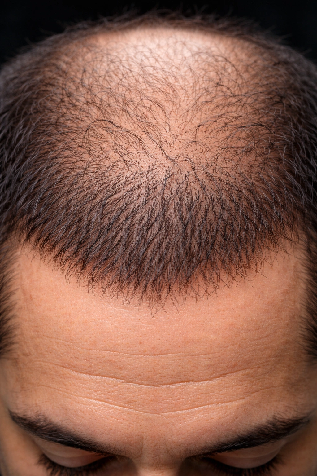 Scalp close-up showing preserved transplanted density with surrounding thinning