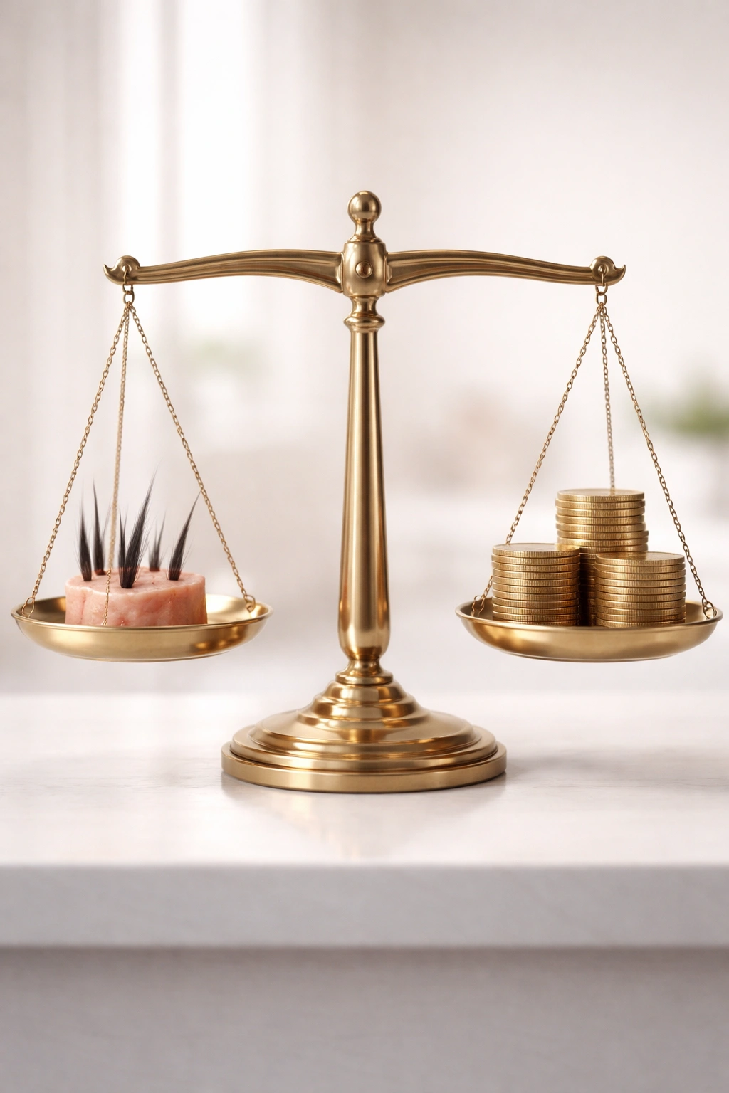 Balance scale comparing transplant graft value versus long-term costs.