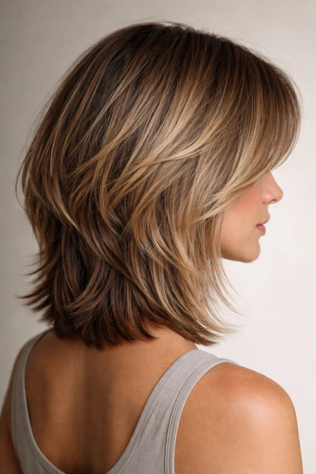 Long textured bob with choppy underneath layers showing movement
