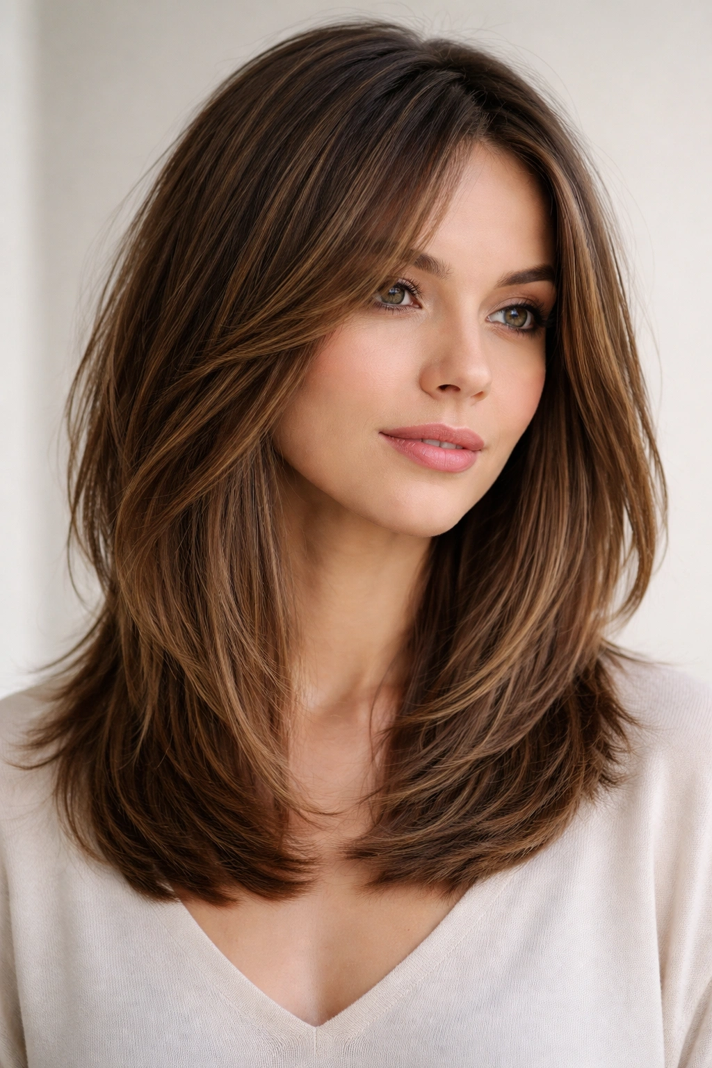 Long textured bob showing interior layers beneath a smooth exterior.