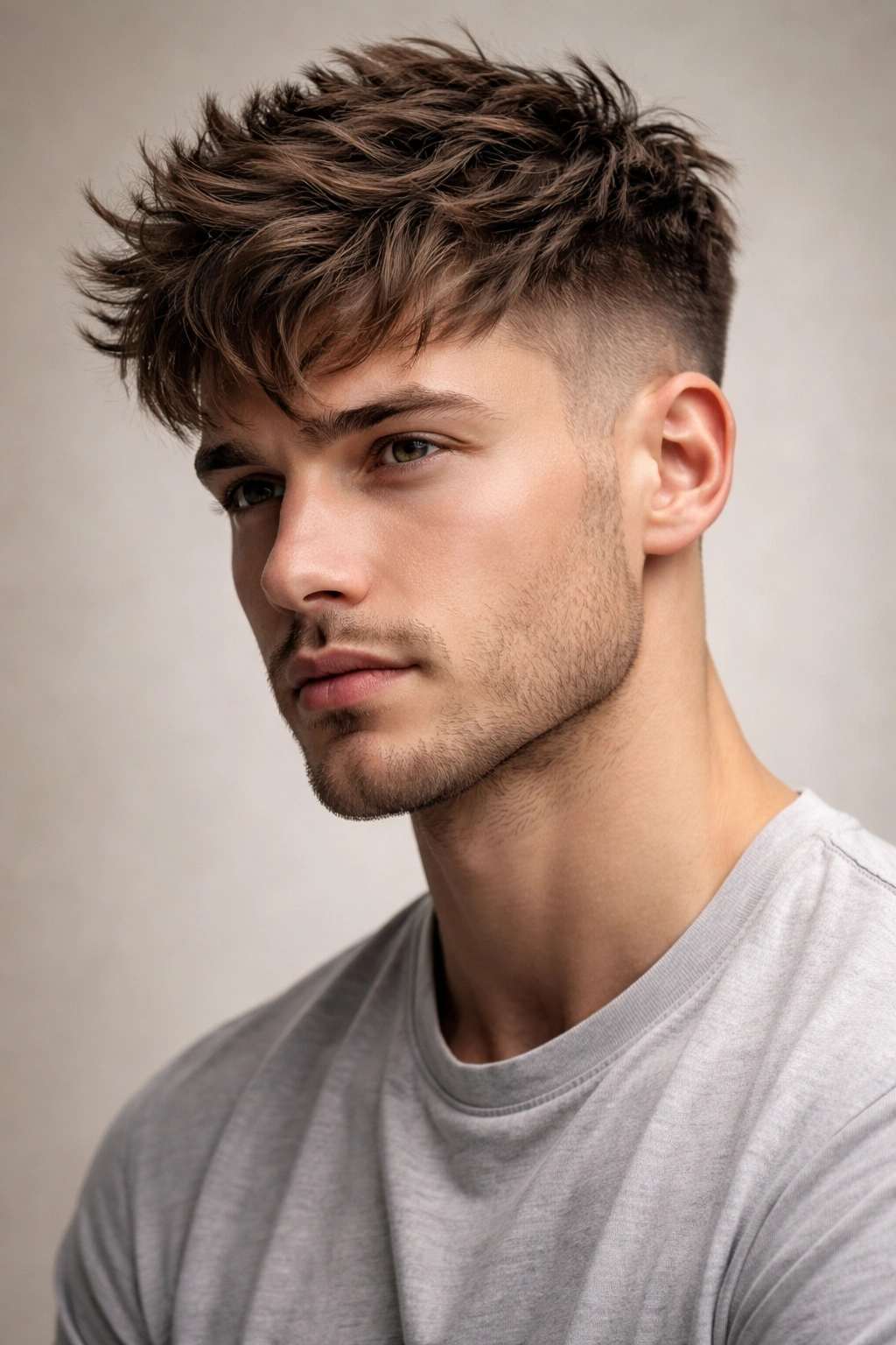 Close-up portrait of a man with a long textured crop, short sides and textured top in studio lighting