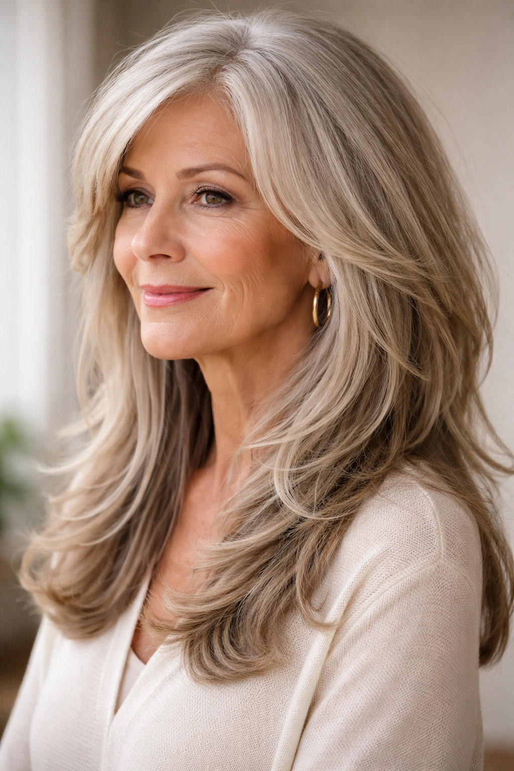 15 Hairstyles For Women Over 70 With Fine Hair 4 Portrait of a woman with a long textured cut and face-framing layers.