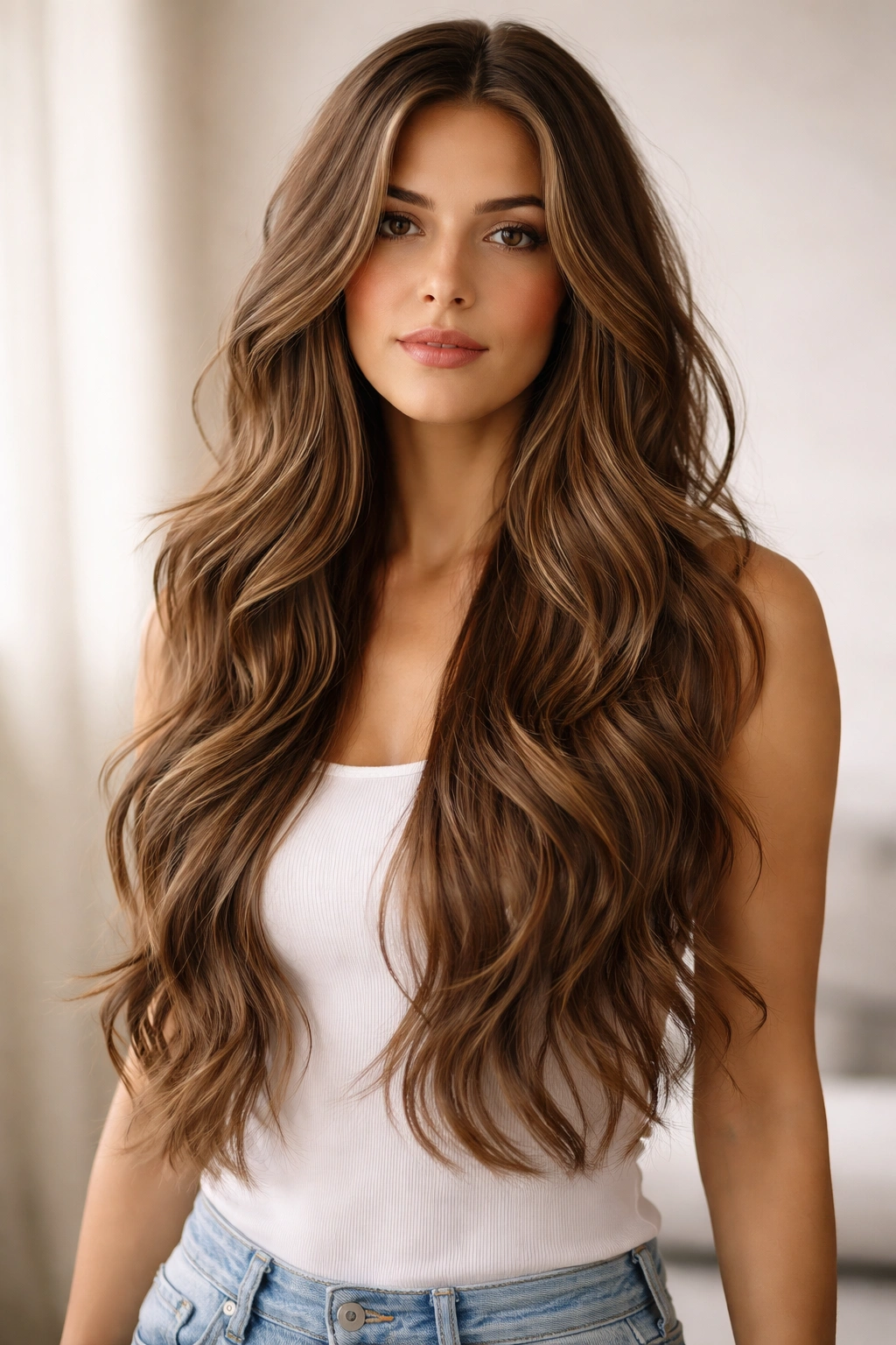 Full-length portrait of a person with The Long Textured Layers hairstyle, long waves with subtle, invisible underlayers.