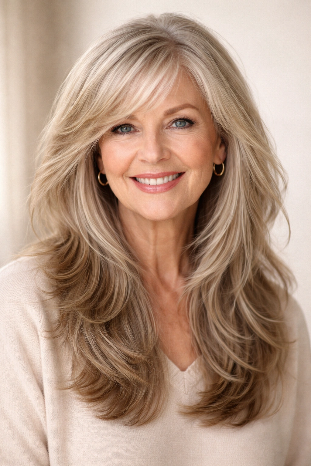 Long thick hair with textured layers and side bangs