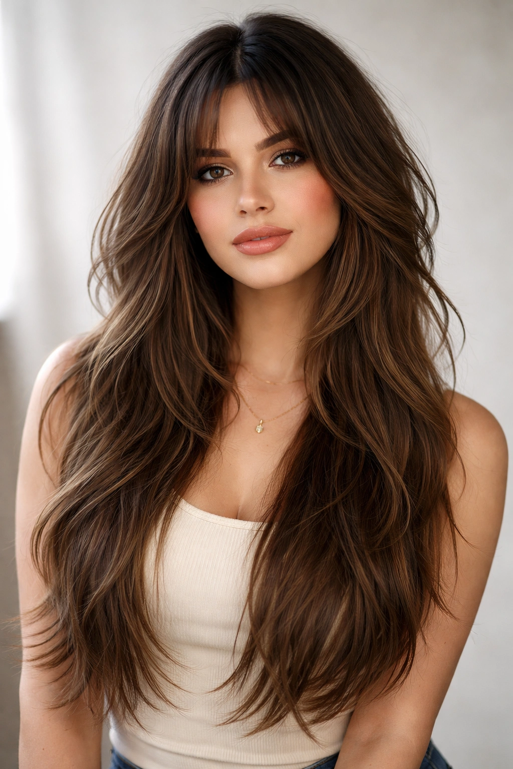 Long textured shag with face-framing layers highlighting cheekbones