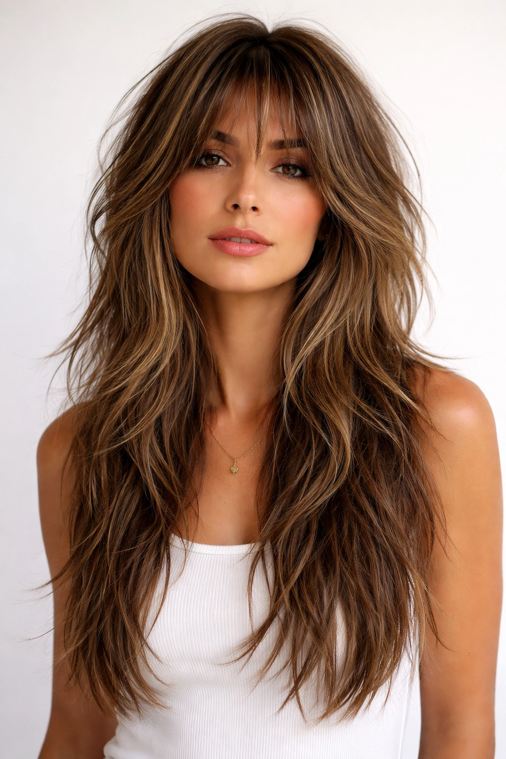 Long textured shag with multiple layers creating volume throughout hair