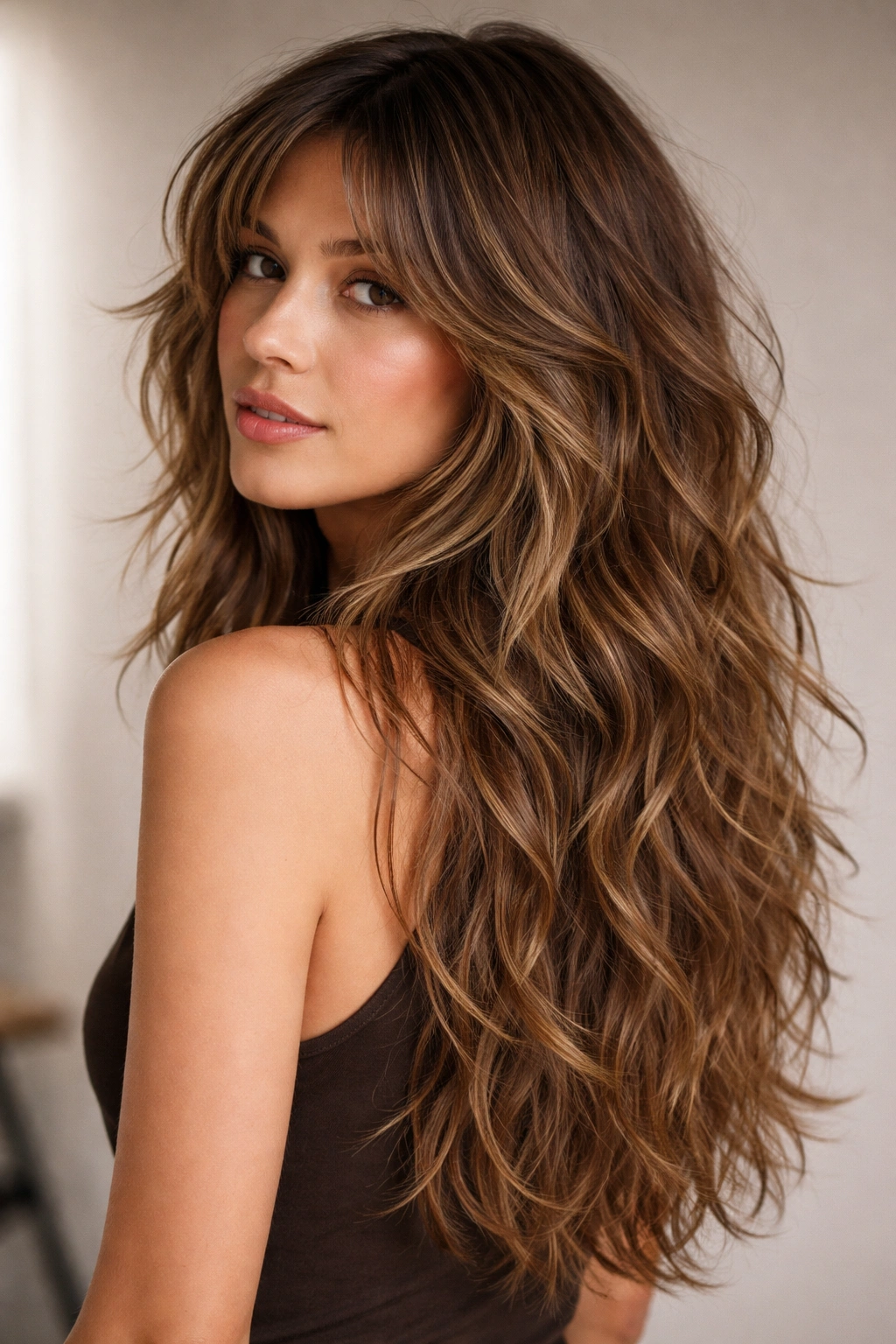 Long textured shag with mid-back length and layered waves.
