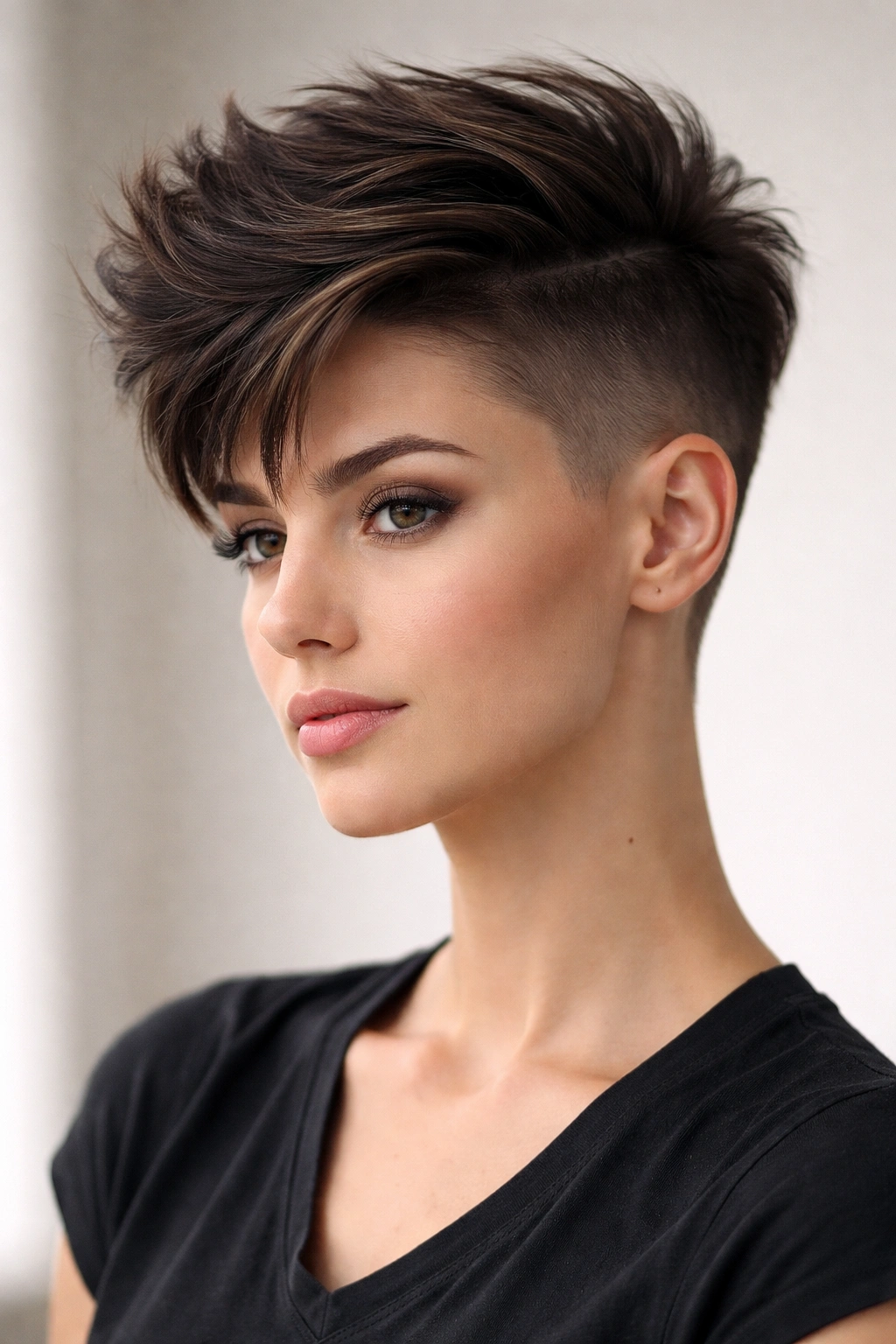 10 Shaved Pixie Styles That Look Incredibly Sharp 5 Long top pixie with cropped sides in studio lighting