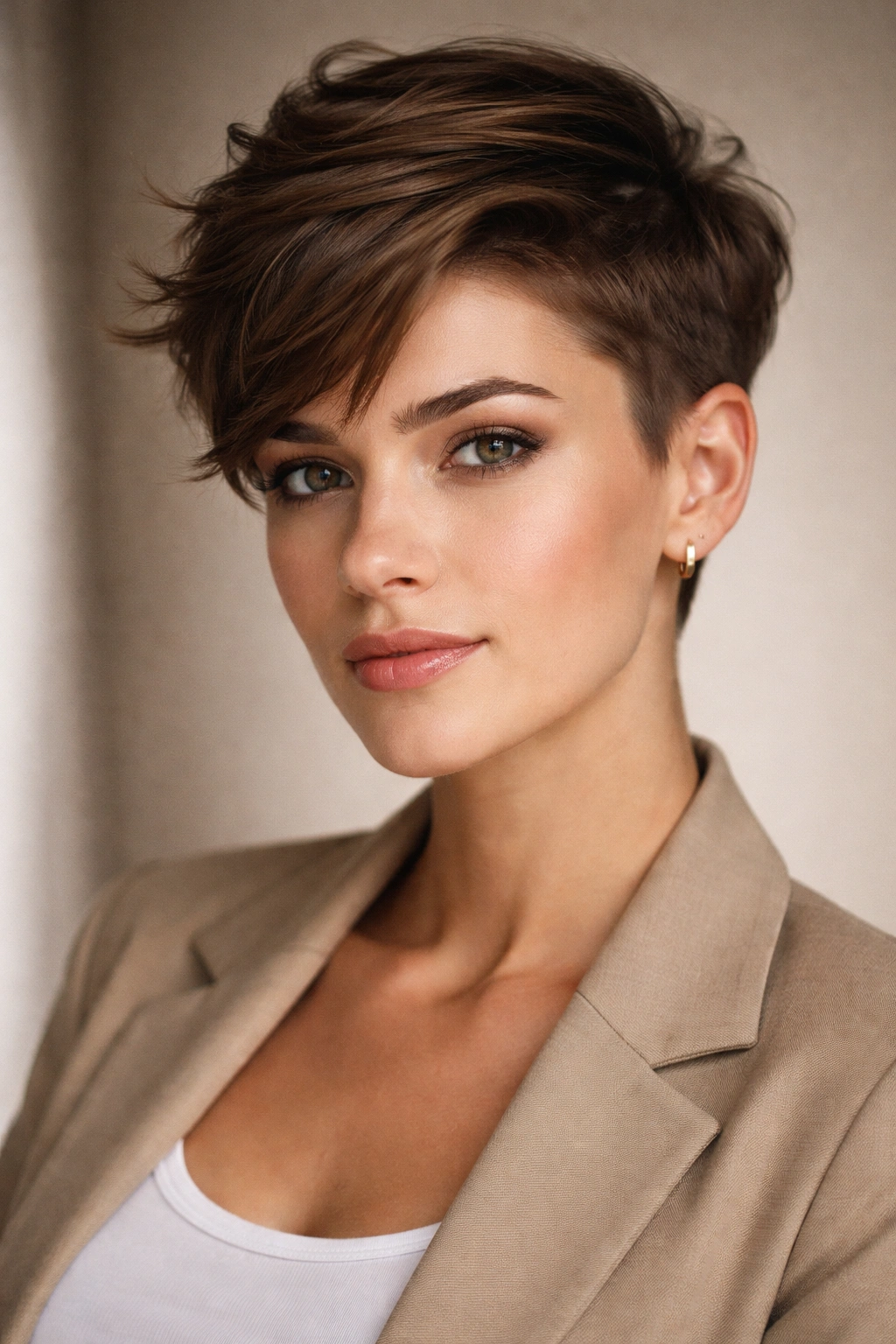 Portrait of a person with a long-top pixie, top length visible and styled to the side