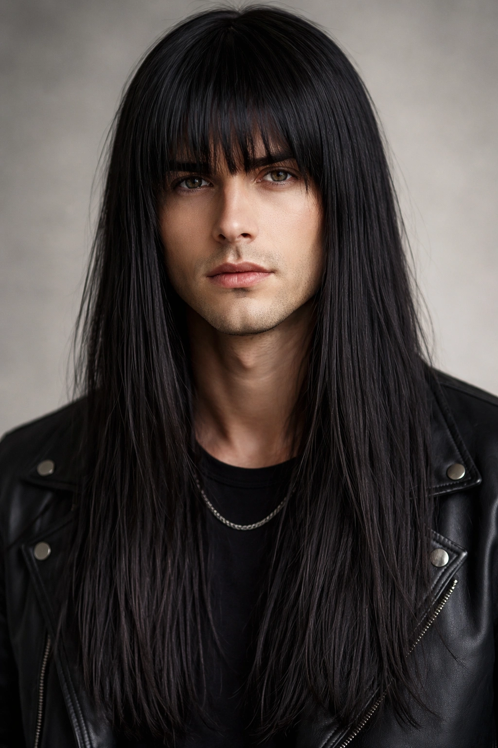 Male portrait with long straight hair and fringe framing the face