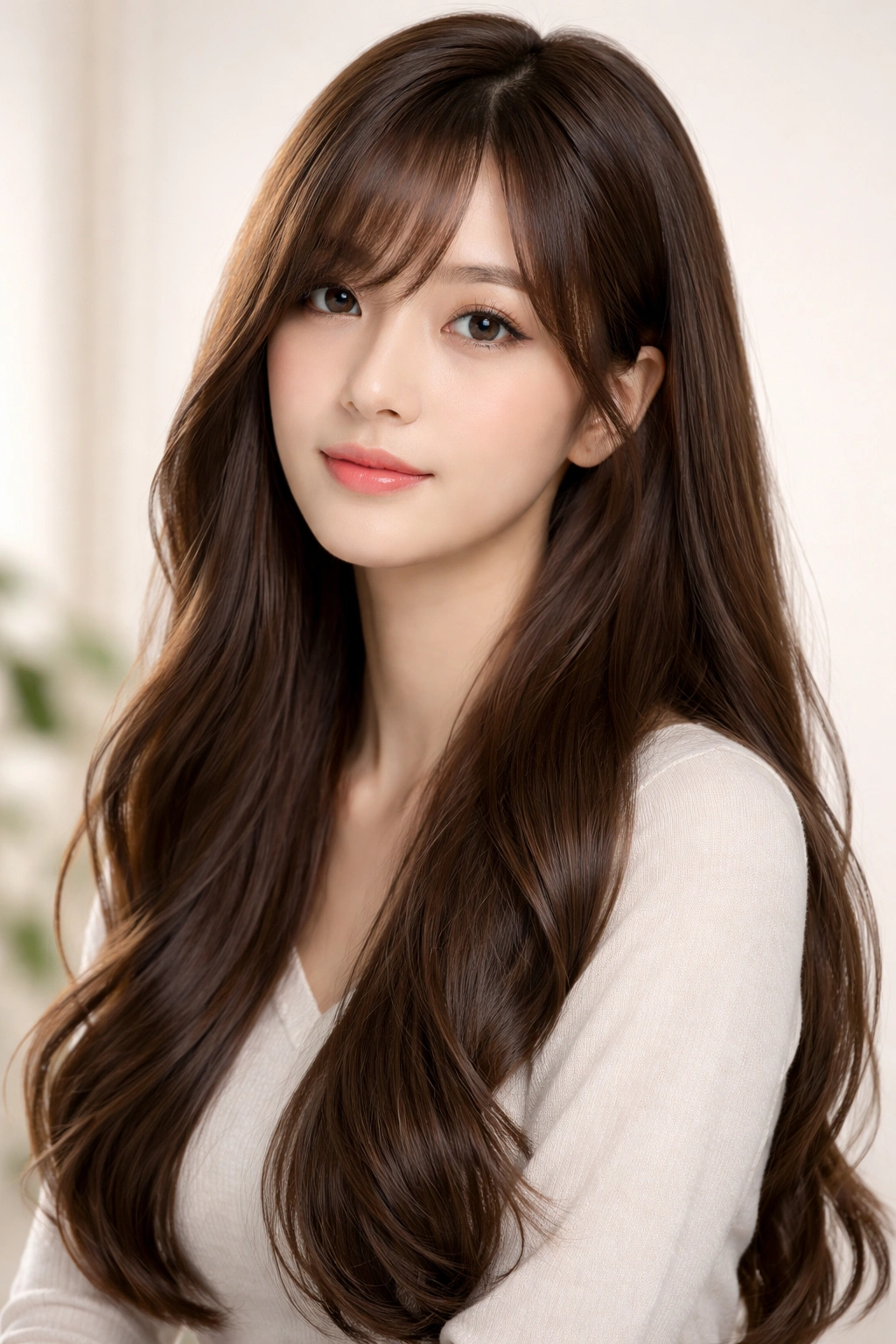 Model's hair shows long straight waves and dramatic sideswept bangs