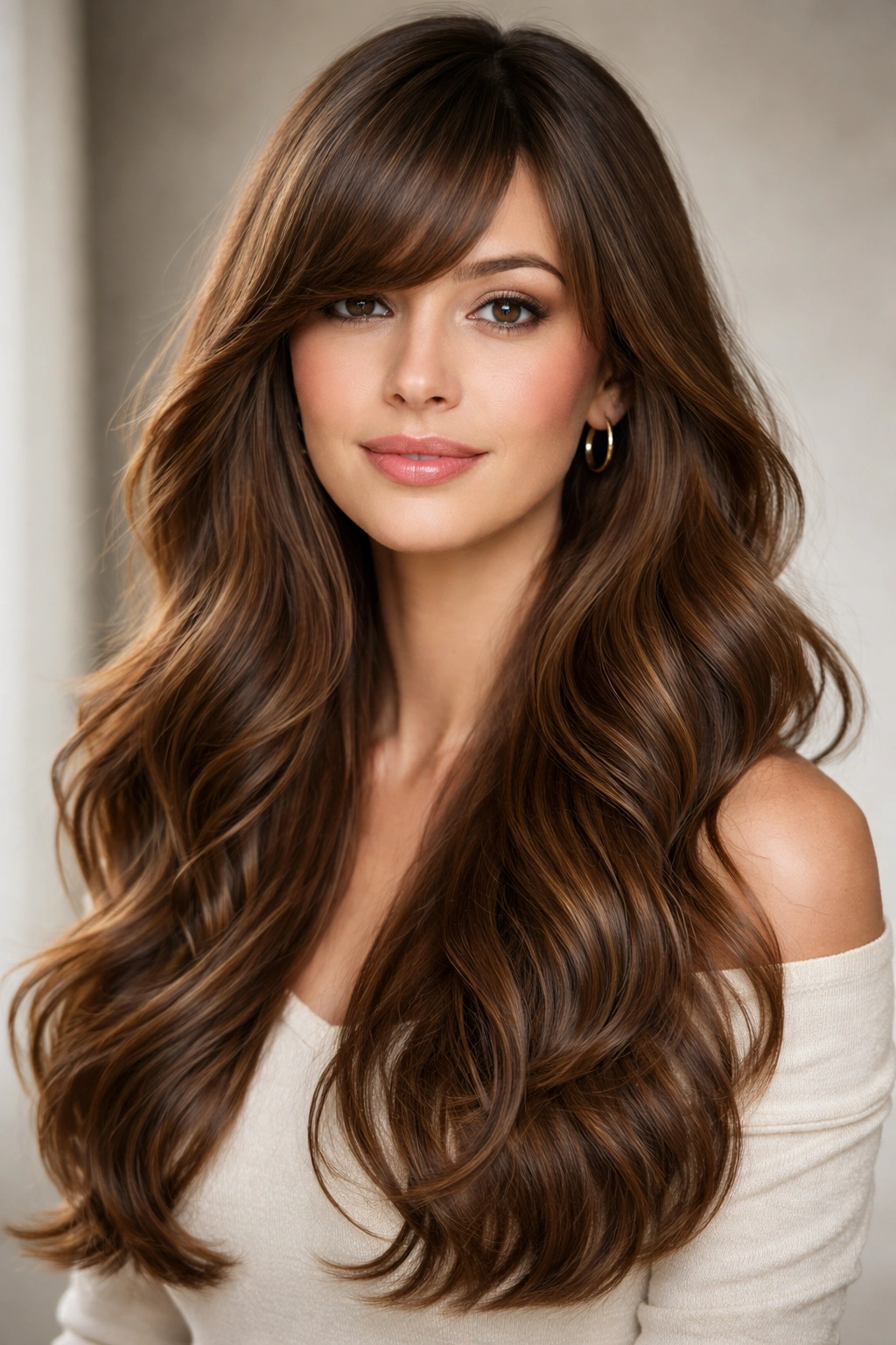 Long waves with side-swept bangs creating horizontal balance and movement