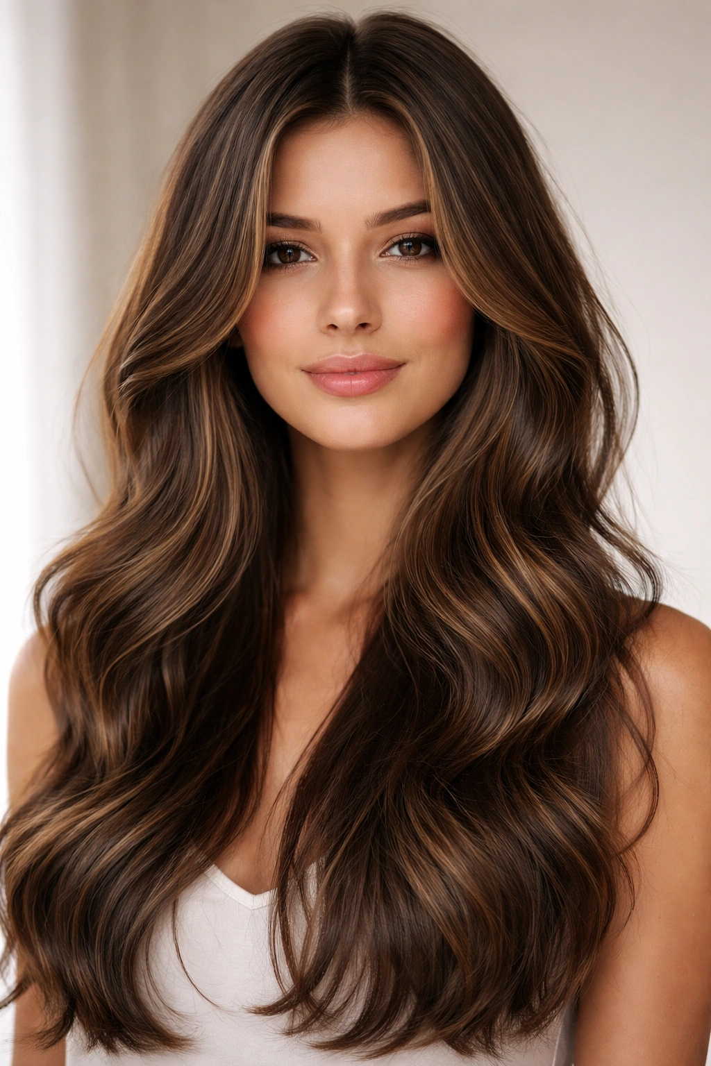 20 Wavy Hairstyles At Every Length You Ll Want 19 Close-up of long waves with curtain layers framing the face in diffused studio light