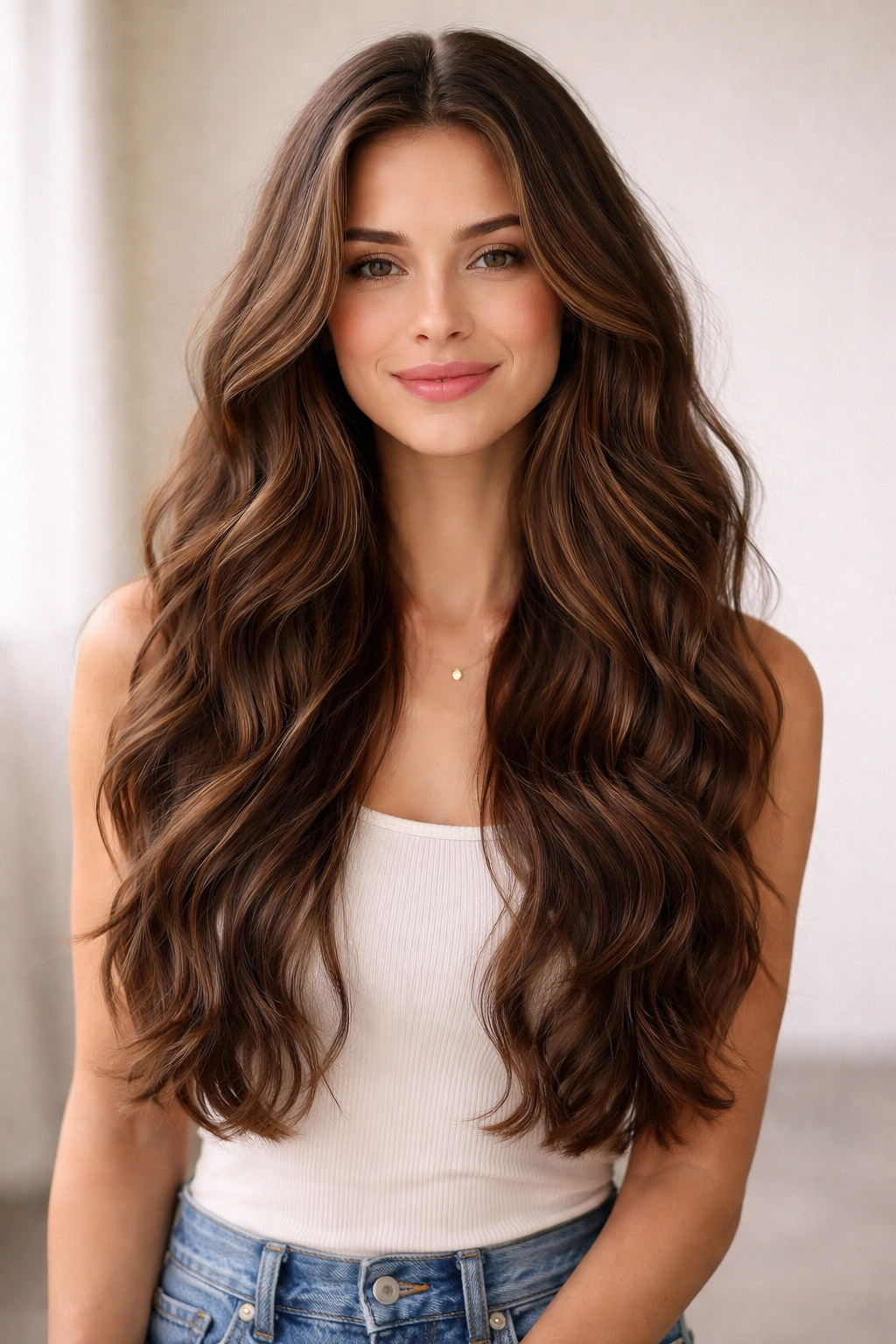 Long wavy hair past shoulders with minimal layers forming cohesive waves