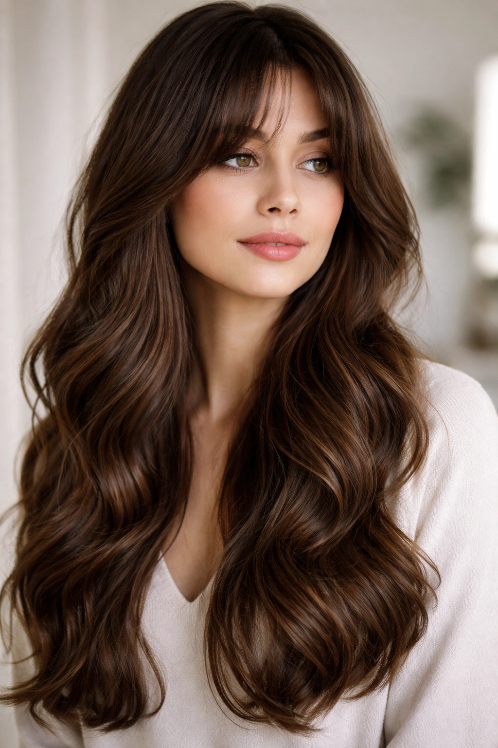 Long wavy hair with curtain bangs framing the face softly
