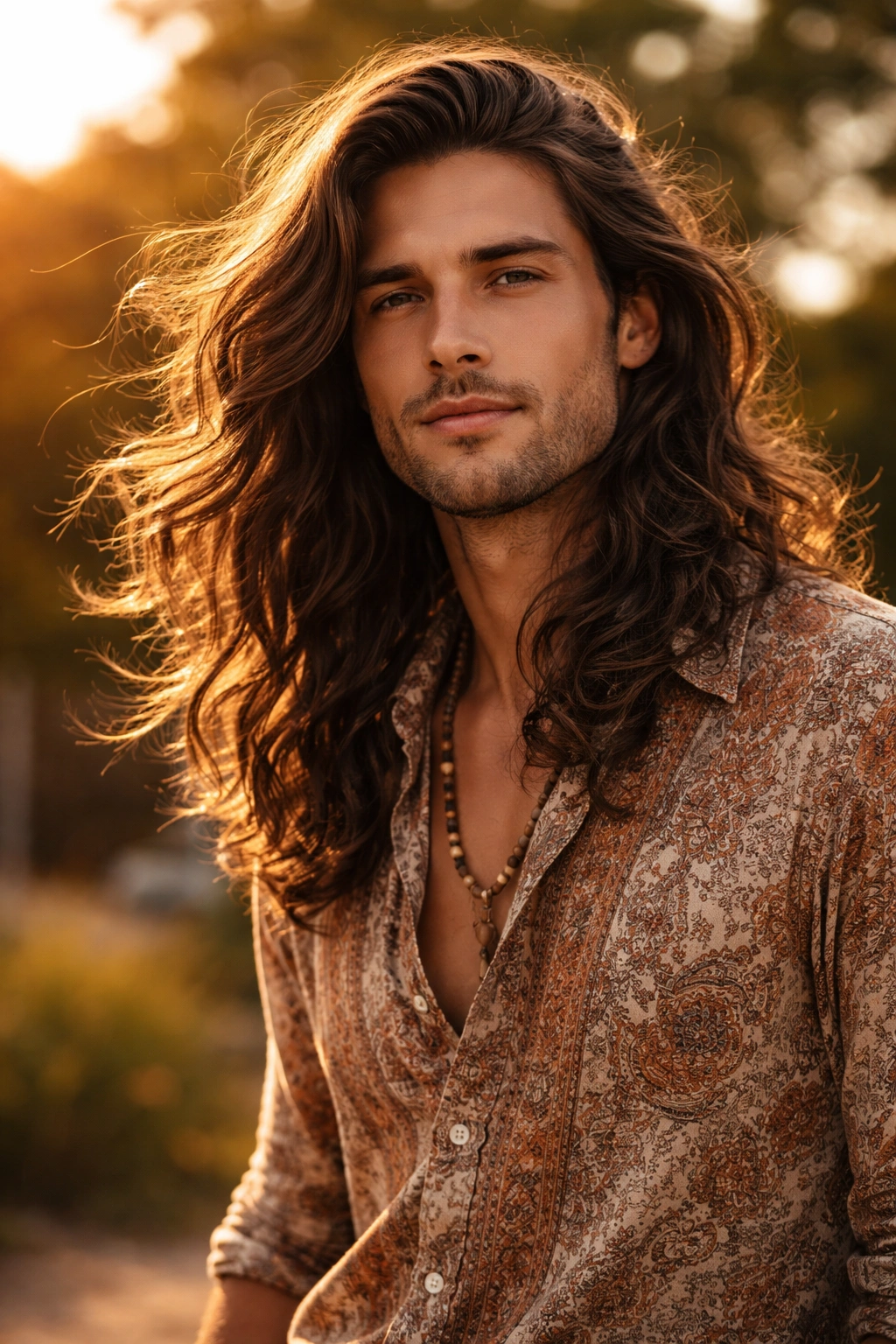 Man with long wavy hair in golden hour outdoor setting