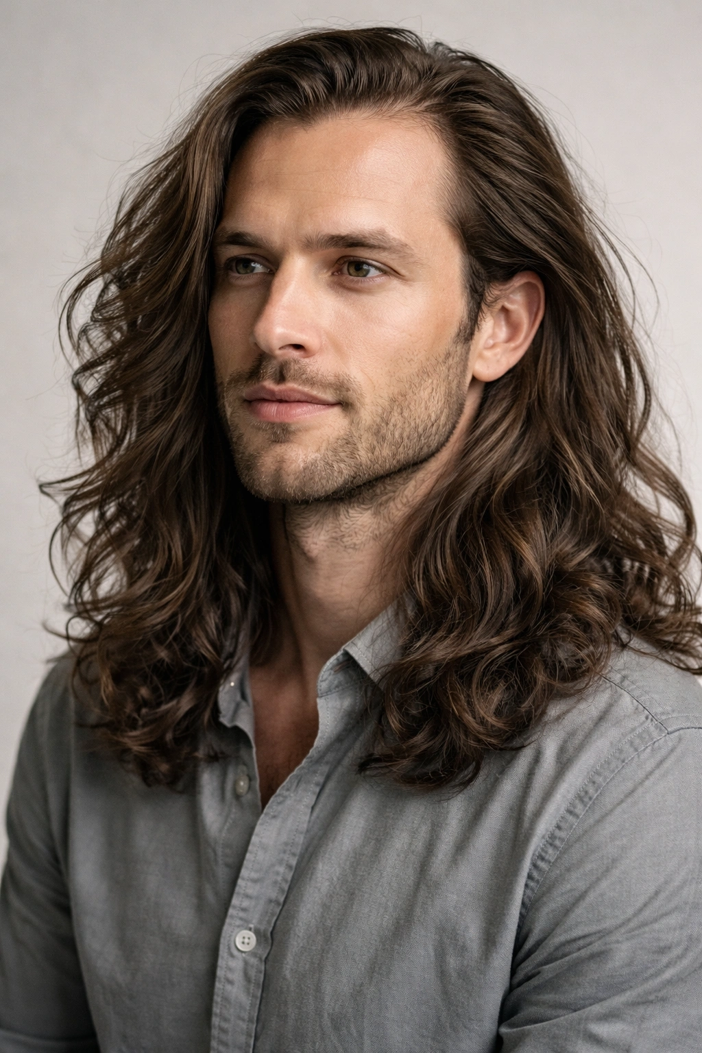 Portrait of a man with long, wavy hair creating volume to disguise thinning areas