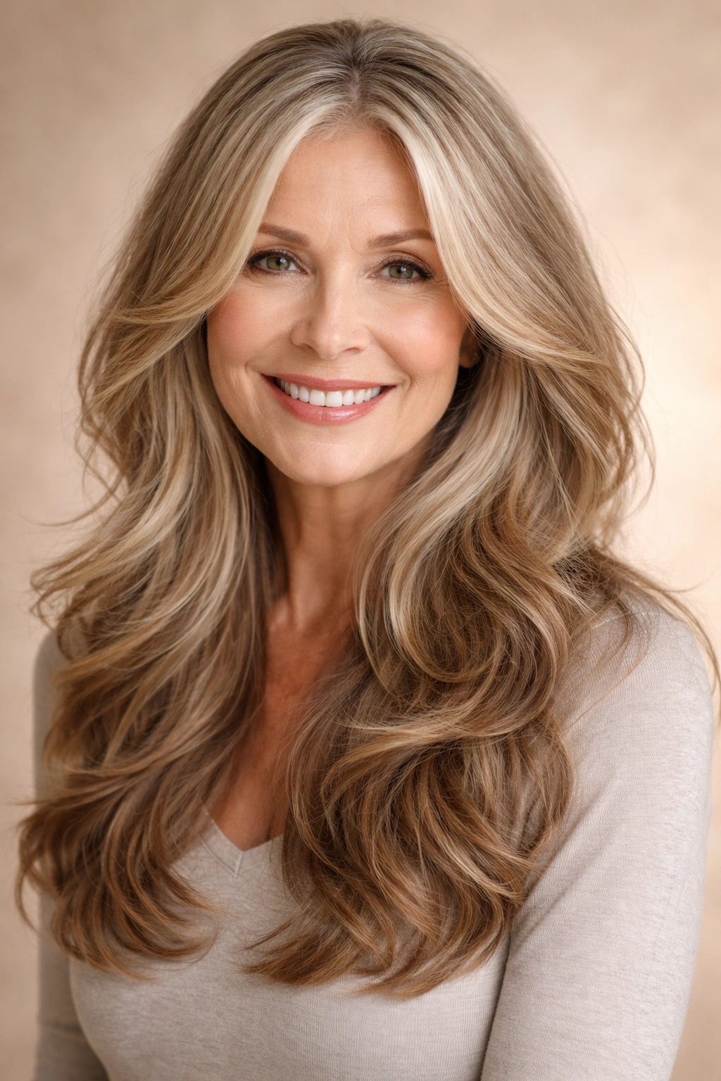 Portrait of long wavy hair with face-framing layers and soft waves