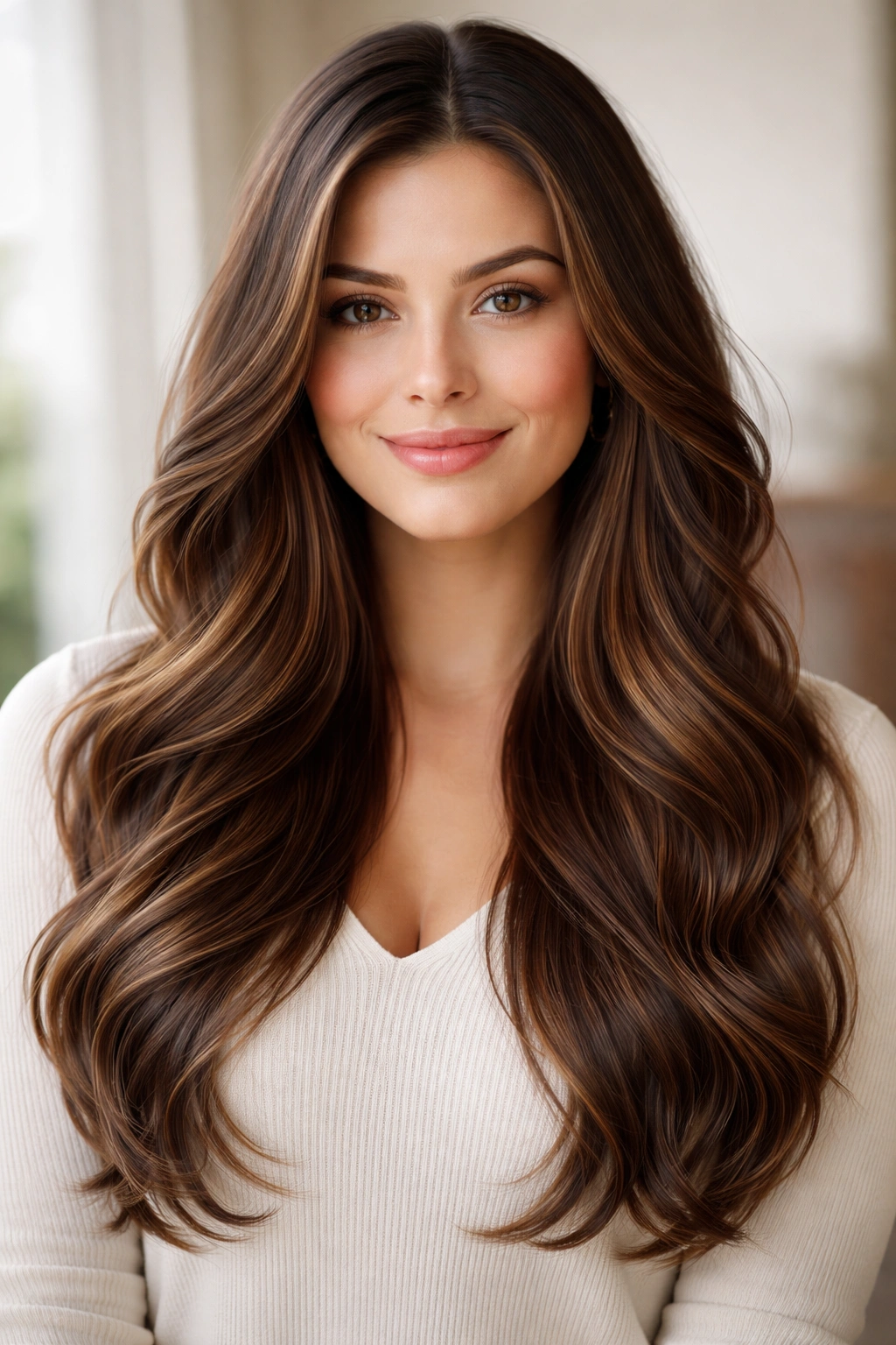 Long wavy hair with layered length and no bangs.