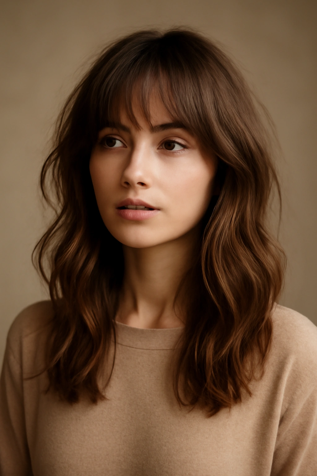 Romantic long wispy bangs with wavy shoulder-length hair