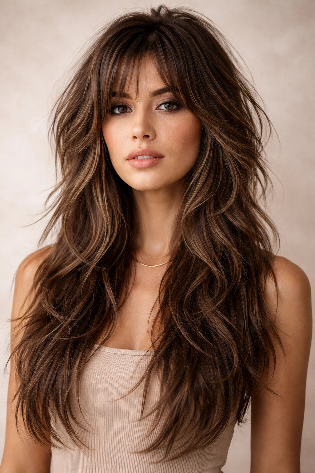 Long wolf cut with choppy layers on a model's hair past shoulders, highlighting crown lift and textured movement