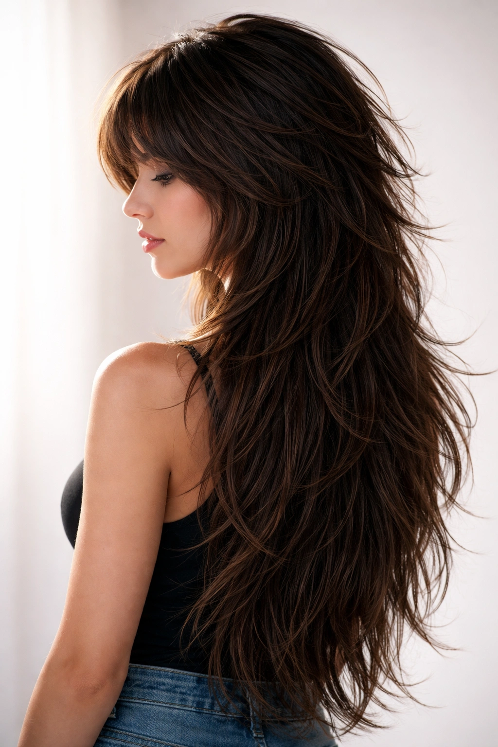 Side profile of a long wolf cut with long layers and choppy crown