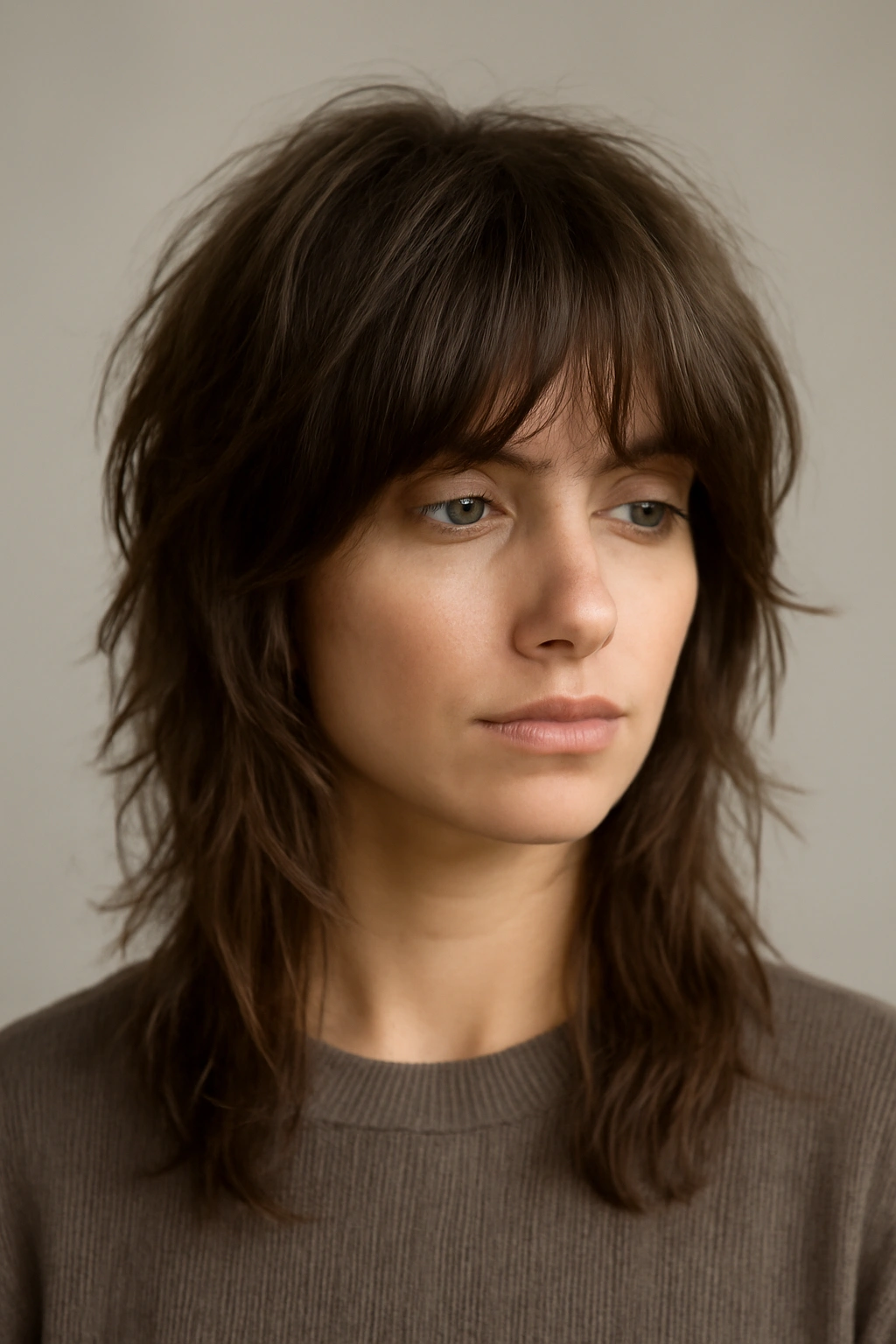 20 Shaggy Styles That Make Your Hair Look Effortlessly Good 15 Model with shag haircut featuring longer nose-length bangs blending with textured layers