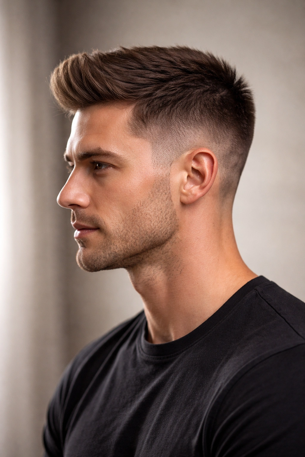 Side profile of man with longer top crew cut and short sides