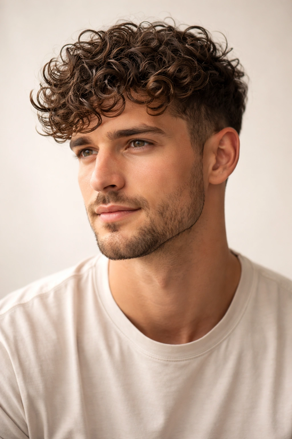 Close-up of longer curly length with defined curls on top.