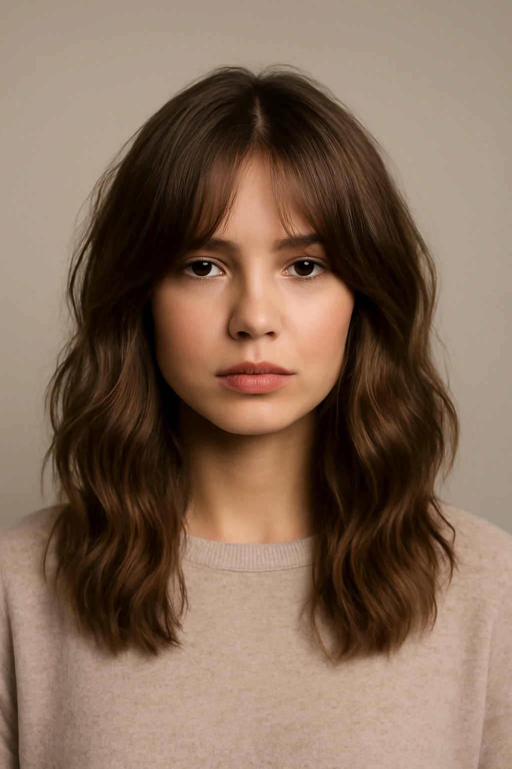 Hair with longer curtain bangs and center-parted waves