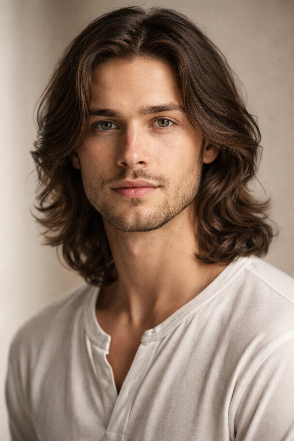 Portrait of a person with shoulder-length hair framing the face