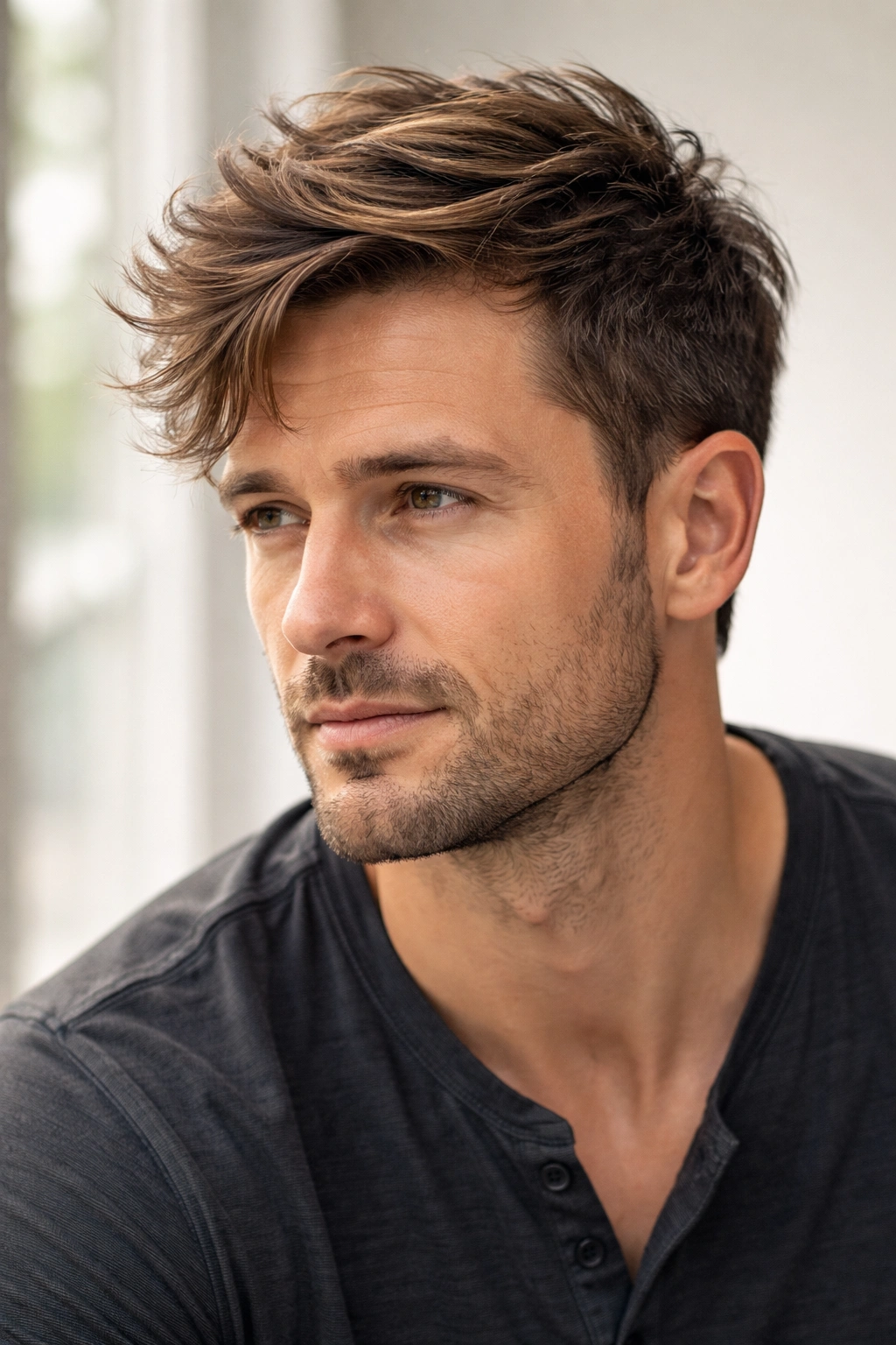 Man with longer, textured mid-length hair styled side-swept