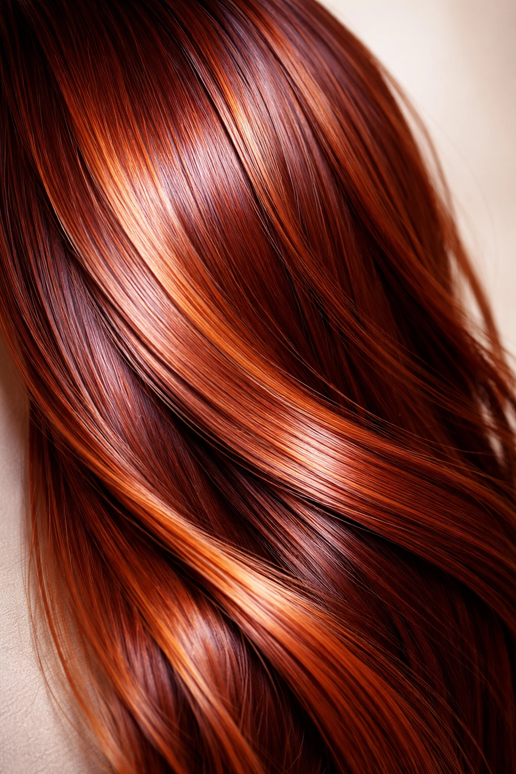 Glossy hair strand with rich demi-permanent color under studio lighting