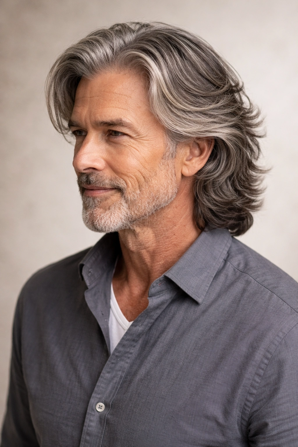 Mature man with longer layered haircut showing natural waves
