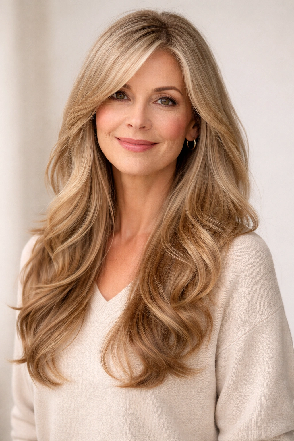 Long, layered hair with soft, loose waves cascading to mid-back.
