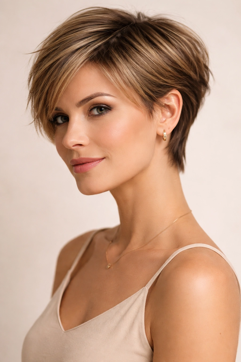 Longer pixie cut with extended crown and subtle layers