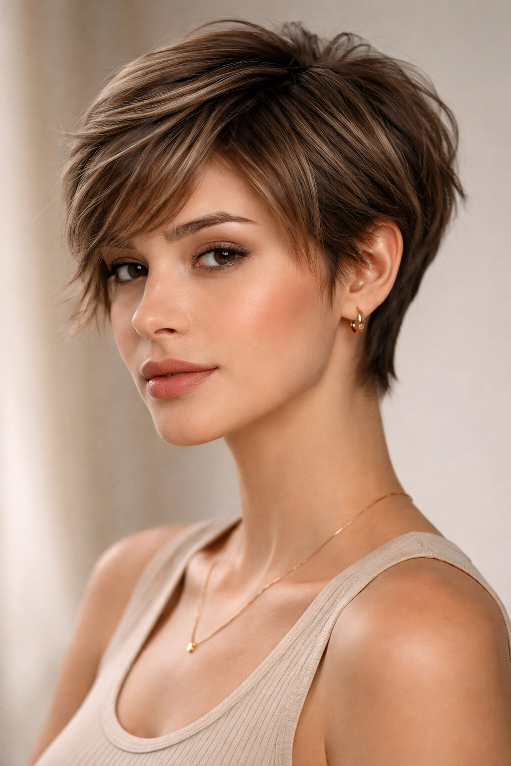 Portrait of a person with a soft, layered longer pixie haircut in a studio.