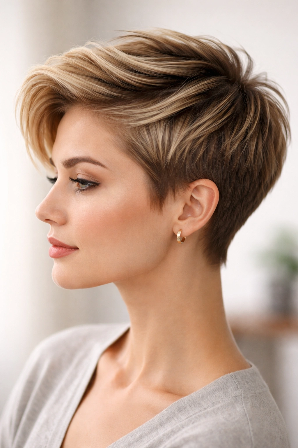 Side profile of a longer pixie with crown swept back to one side.