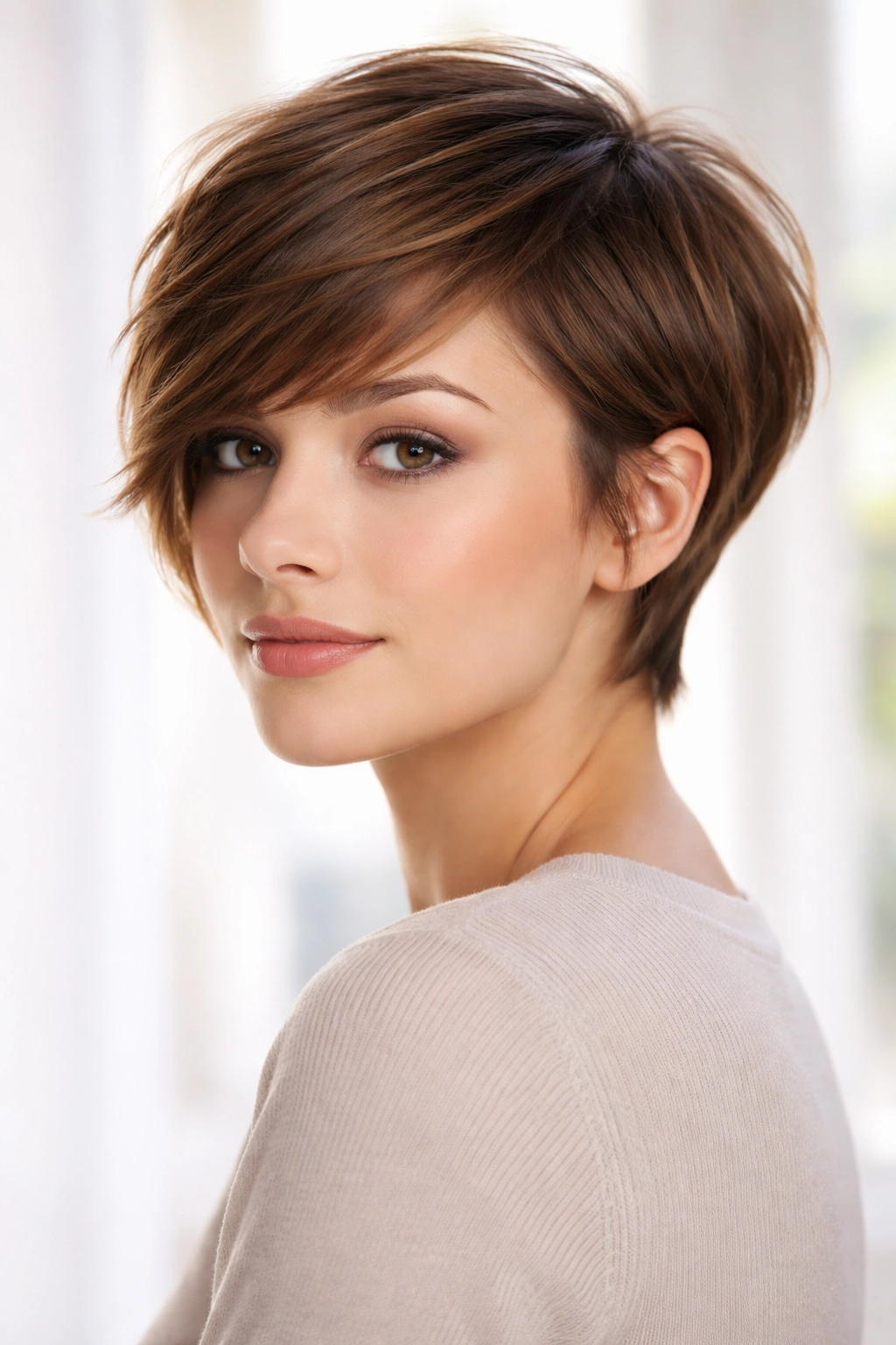 Longer pixie with swept bangs framing the face