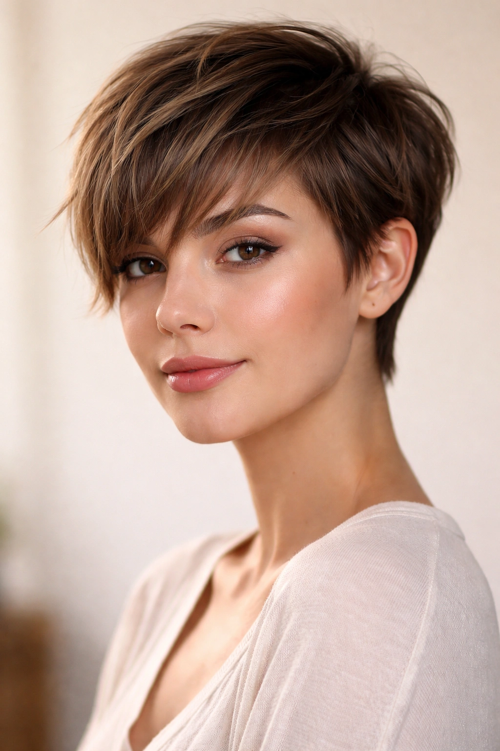 12 Pixie Haircuts With Bangs For Round Faces 5 Portrait of longer pixie with long textured bangs and top height