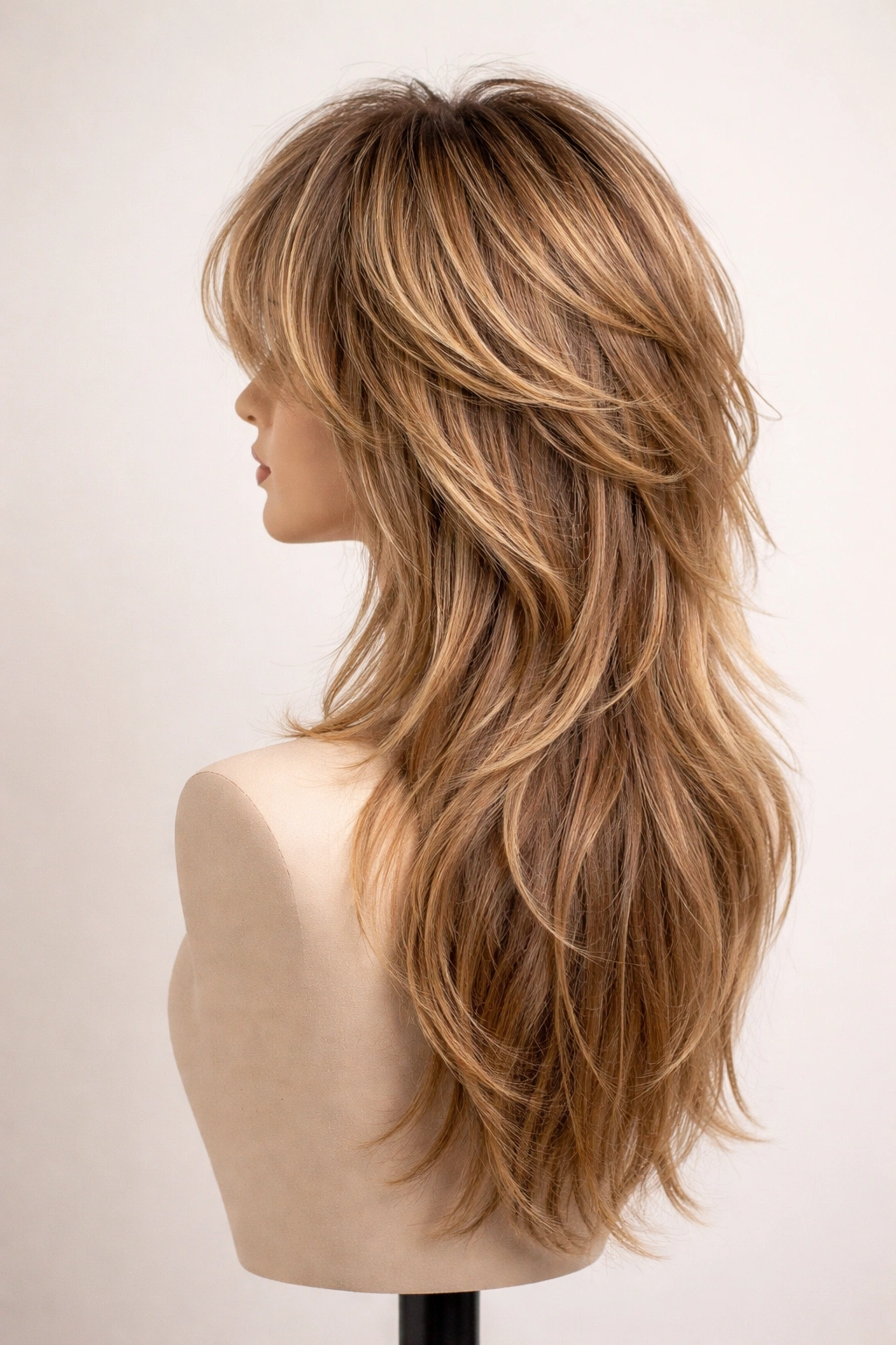 Mannequin head showing longer shag with crown lift and pyramid silhouette