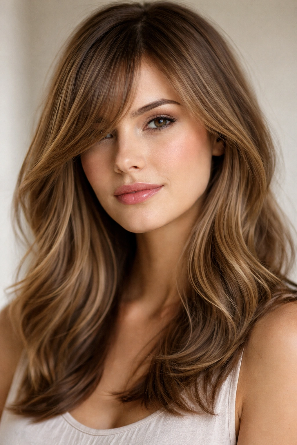 18 Bangs To Try With Medium Length Hair 14 Side-swept longer bangs framing the cheekbone in medium-length hair