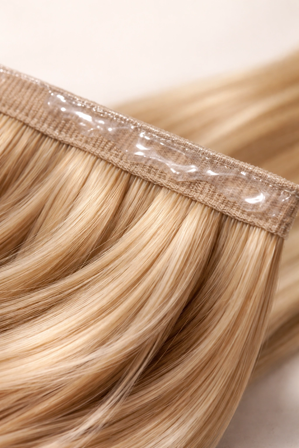 Gel-coated hair extension weft emphasizing lasting bond and movement