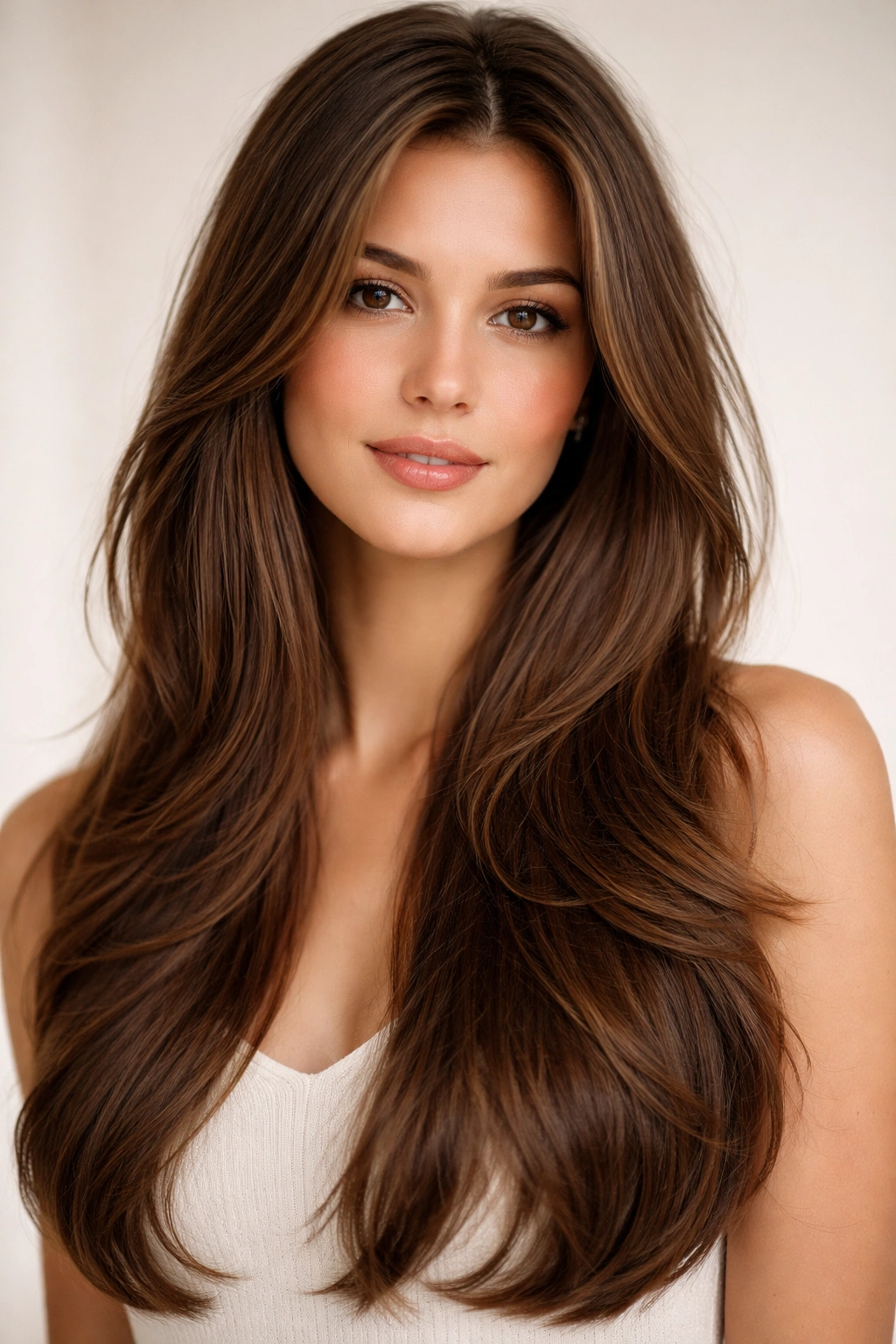 Close-up of long hair with subtle face-framing layers in soft light