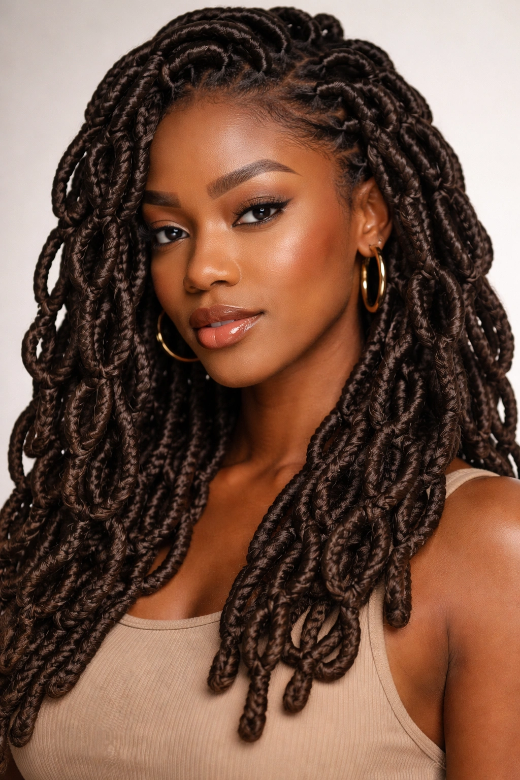 Close-up of loop locs with visible loops and architectural texture