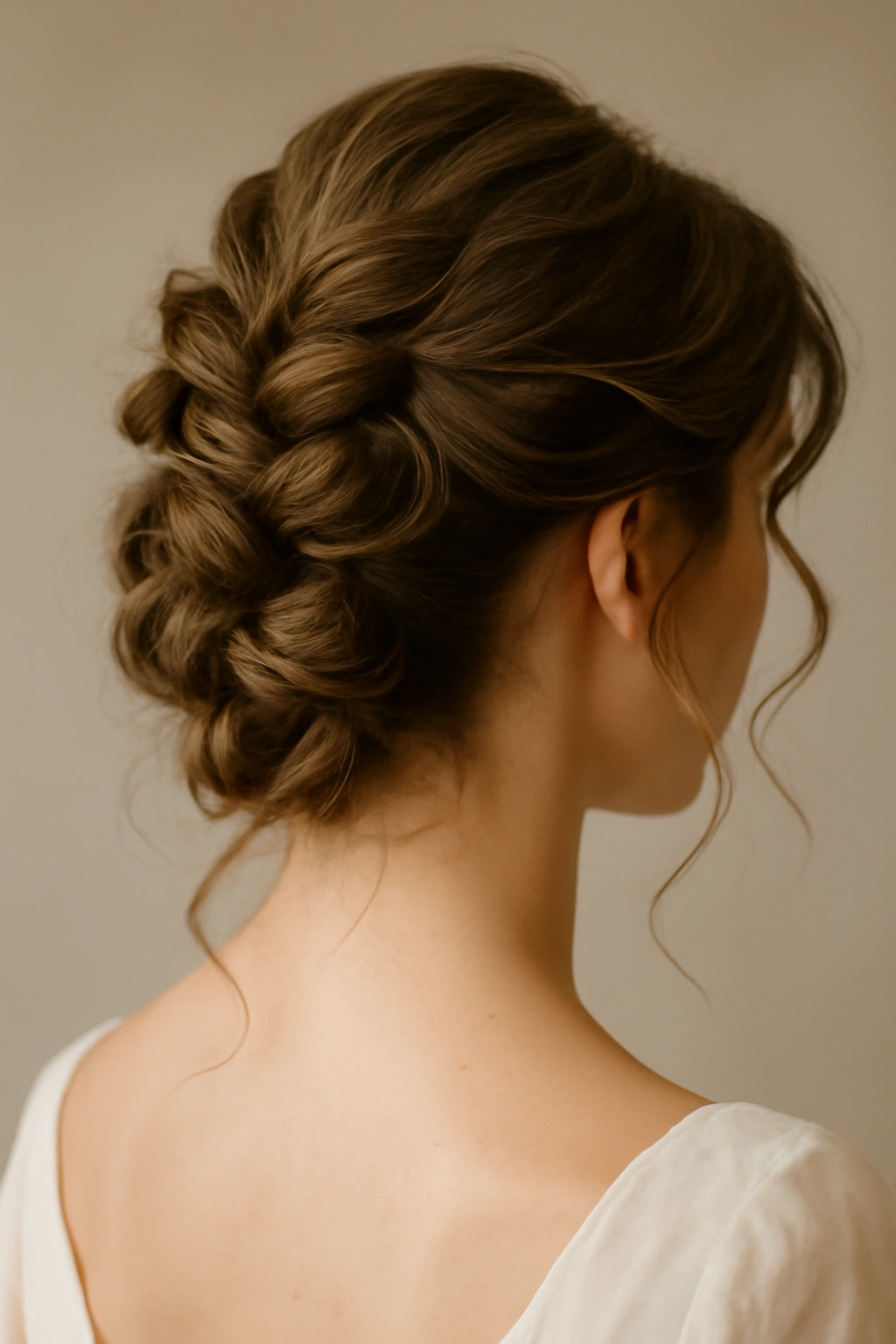 Looped braid updo with loops and escaping curls