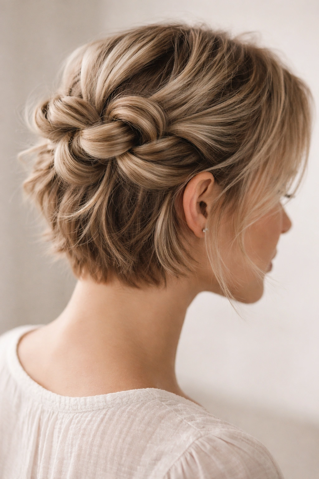 15 Easy Updos That Actually Work On Short Hair 13 Close-up of short hair with looped pieces pinned at the crown, showing loops and texture