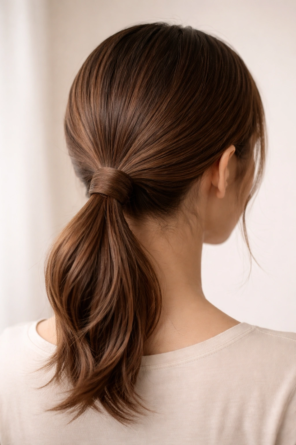 Hair looped ponytail at the nape with ends tucked and wrapped