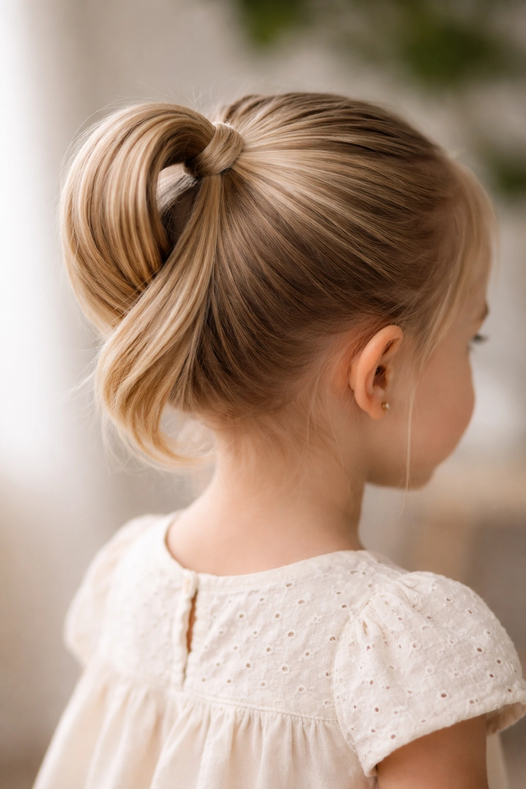 Looped ponytail hairstyle on a toddler showcased up close