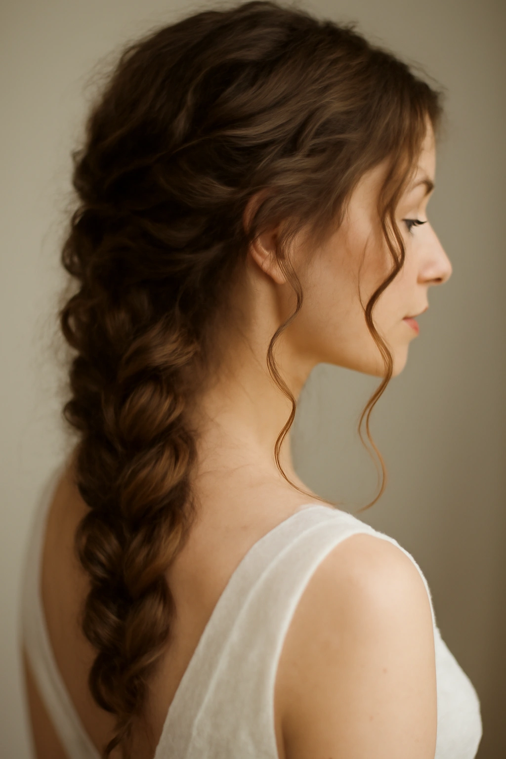 20 Wedding Hairstyles Matched to Your Hair Type 13 Close-up of a loose three-strand braid on wavy hair with soft lighting
